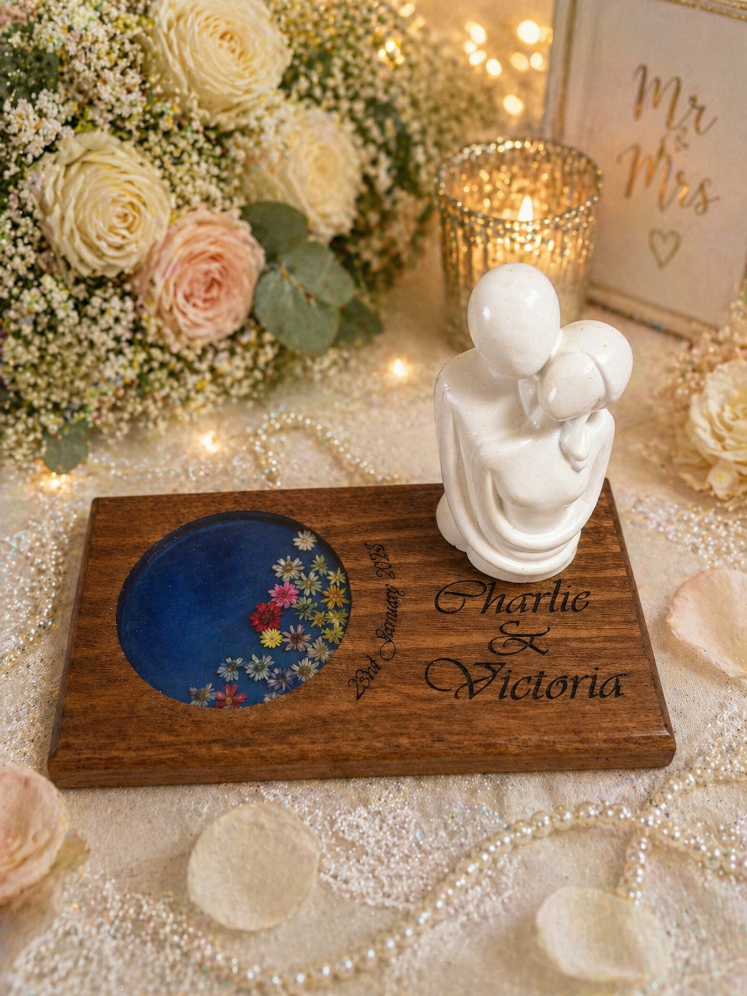 Personalised Wedding Candle Display with Real Dried Flower Resin Coaster