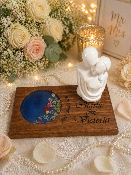 Personalised Wedding Candle Display with Real Dried Flower Resin Coaster