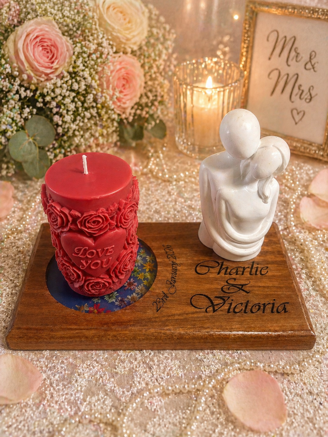 Personalised Wedding Candle Display with Real Dried Flower Resin Coaster